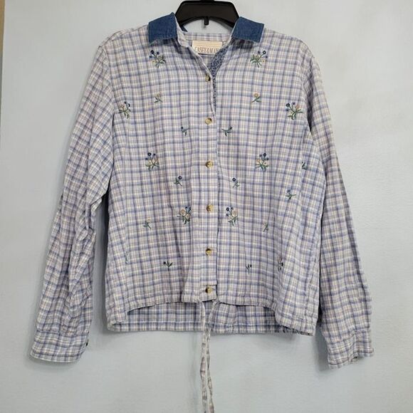 Vintage Casey & Max Blue Plaid Shirt Embroidered Flowers Denim Collar Linen LG - Picture 2 of 8
